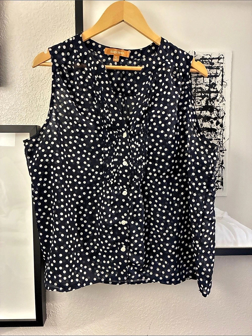 Ellen Tracy Polka Dot Blouse in Navy & White Size XL